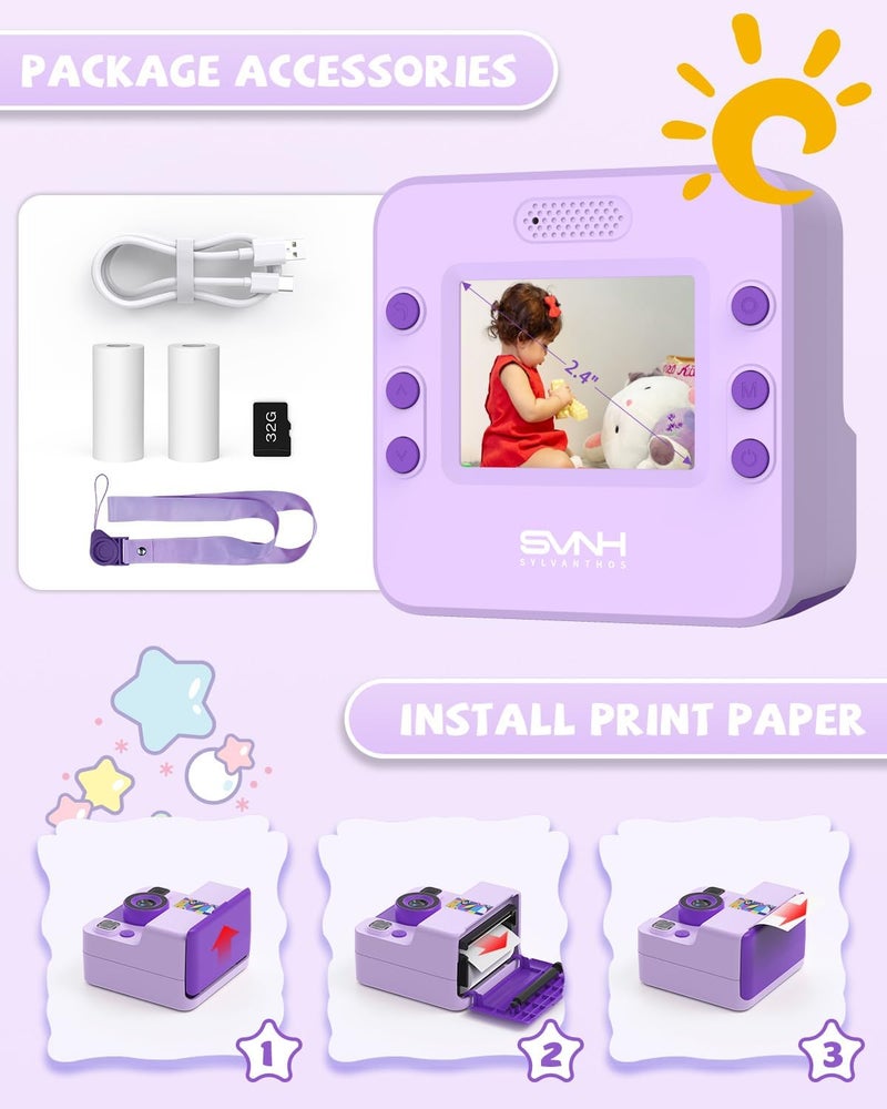 Sylvanthos Kids Camera Instant Print, Digital Camera for Kids, 180° Rotating Selfie Lens with 32GB SD Card & 2 Rolls Printing Paper Kids Toy Birthday Gifts for Boys Girls Ages 3-12, Purple - Image 3